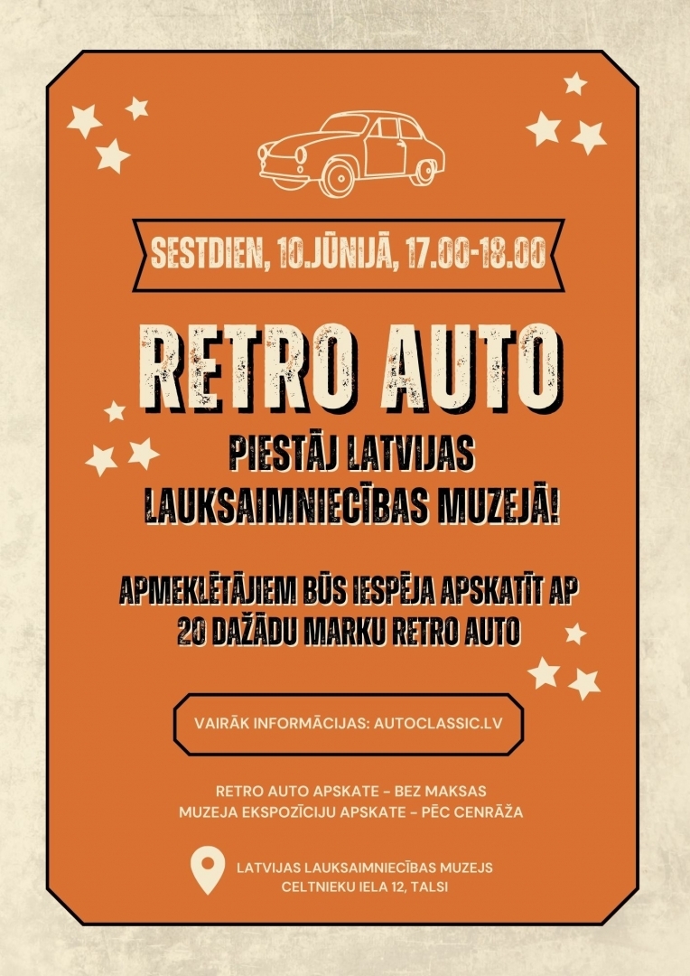 Retro auto izstādes plakāts uz senlaicīga, oranži brūna fona