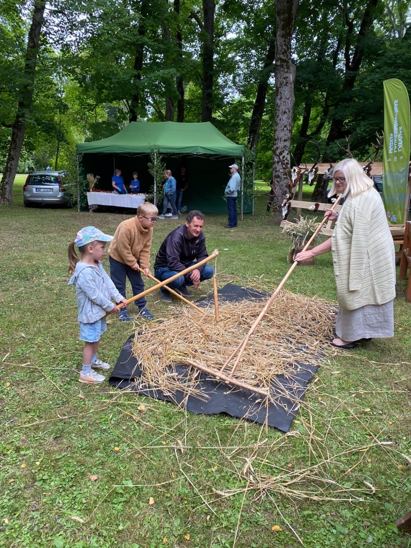 Lieli un mazi cilvēki ar spriguļiem kuļ graudus