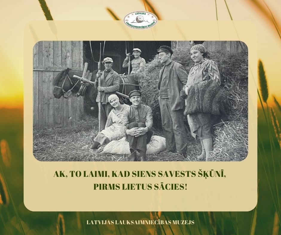 Muzeja izstādes informatīvais stends. Vidū cilvēki pozē siena kraušanas šķūnī laikā. Fonā stilizēts saulriets pļavā