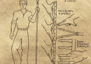 Trīs, lauksaimniecībā visvairāk lietoto darba rīku – izkapts, grābeklis un cirvis - apraksti