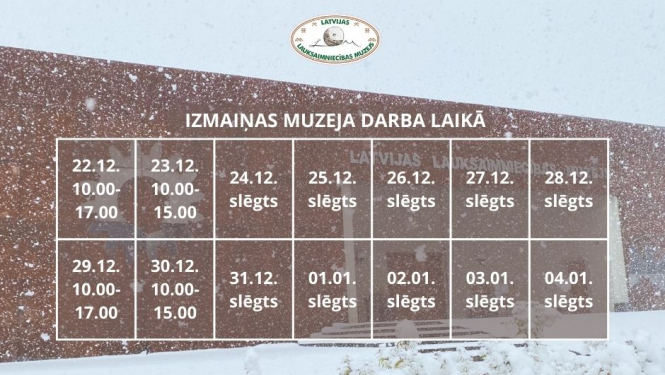 Latvijas Lauksaimniecības muzeja darba laika 2025. gada gadumijā kalendāra skats uz muzeja priekšējās sienas ziemas ainavā