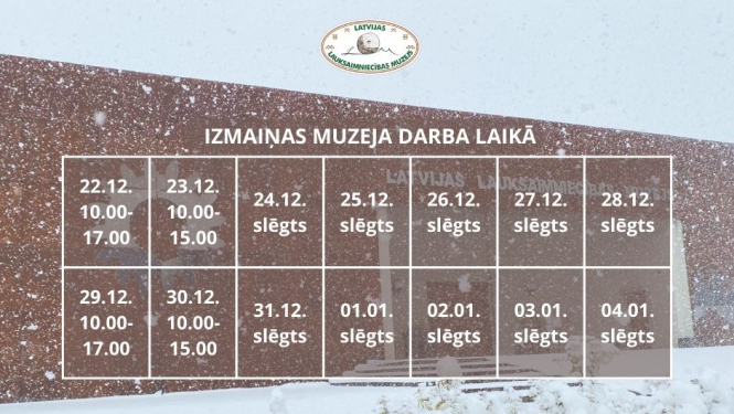 Latvijas Lauksaimniecības muzeja darba laika 2025. gada gadumijā kalendāra skats uz muzeja priekšējās sienas ziemas ainavā