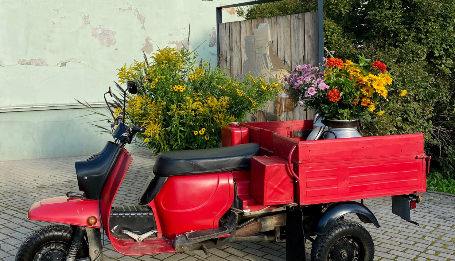 Ielas skatā, ziedu izrotāts sarkans kravas motorollers “Muravej” no Latvijas Lauksaimniecības muzeja krājuma