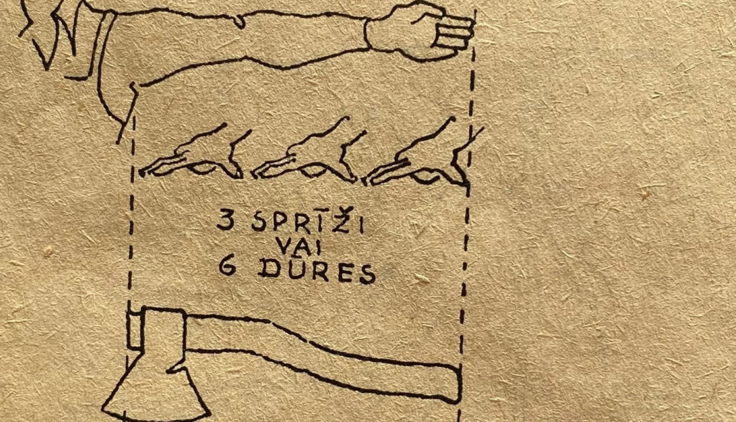 Trīs, lauksaimniecībā visvairāk lietoto darba rīku – izkapts, grābeklis un cirvis - apraksti