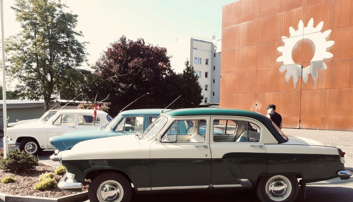 Dažādi retro auto pie muzeja fasādes