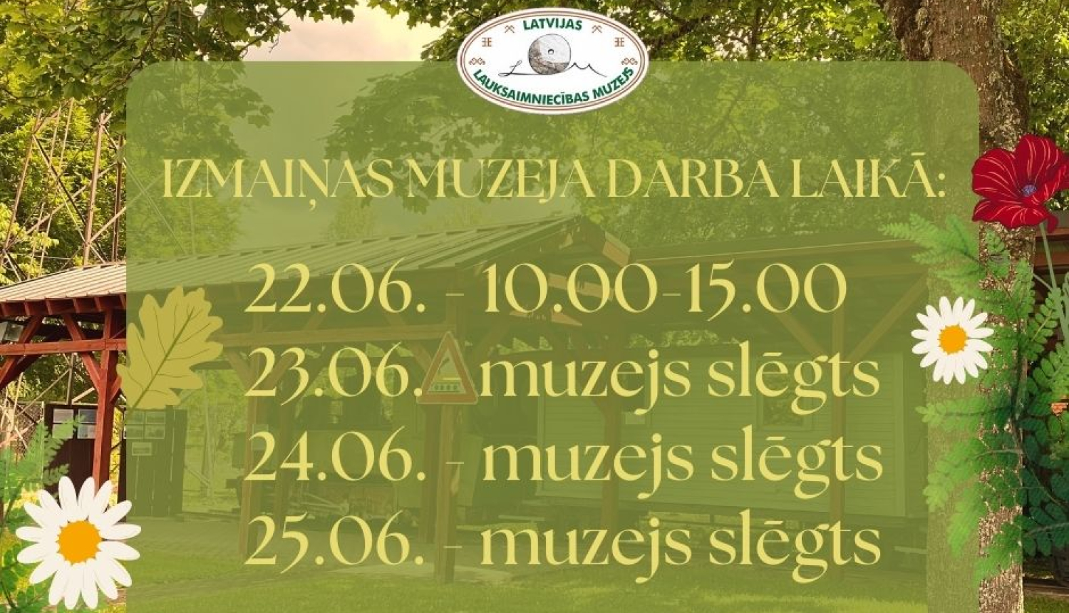 Darba laiks vasaras saulgriežos, fonā vilcien skats no muzeja priekšpagalma