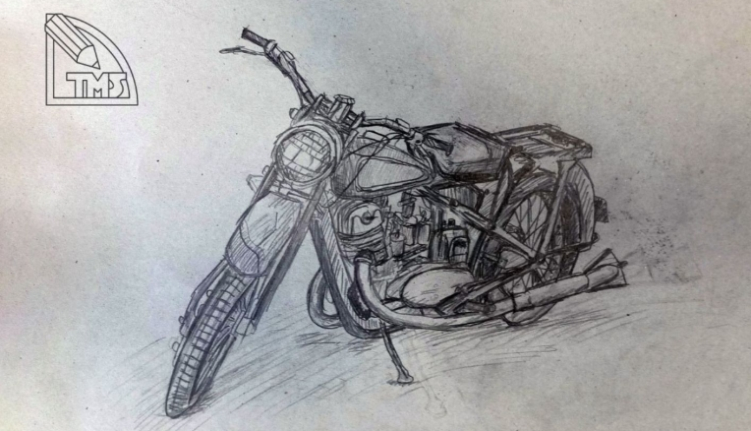 Izstādes "Plenērs 2023" plakāts ar zīmētu motociklu plakāta augšējā daļā