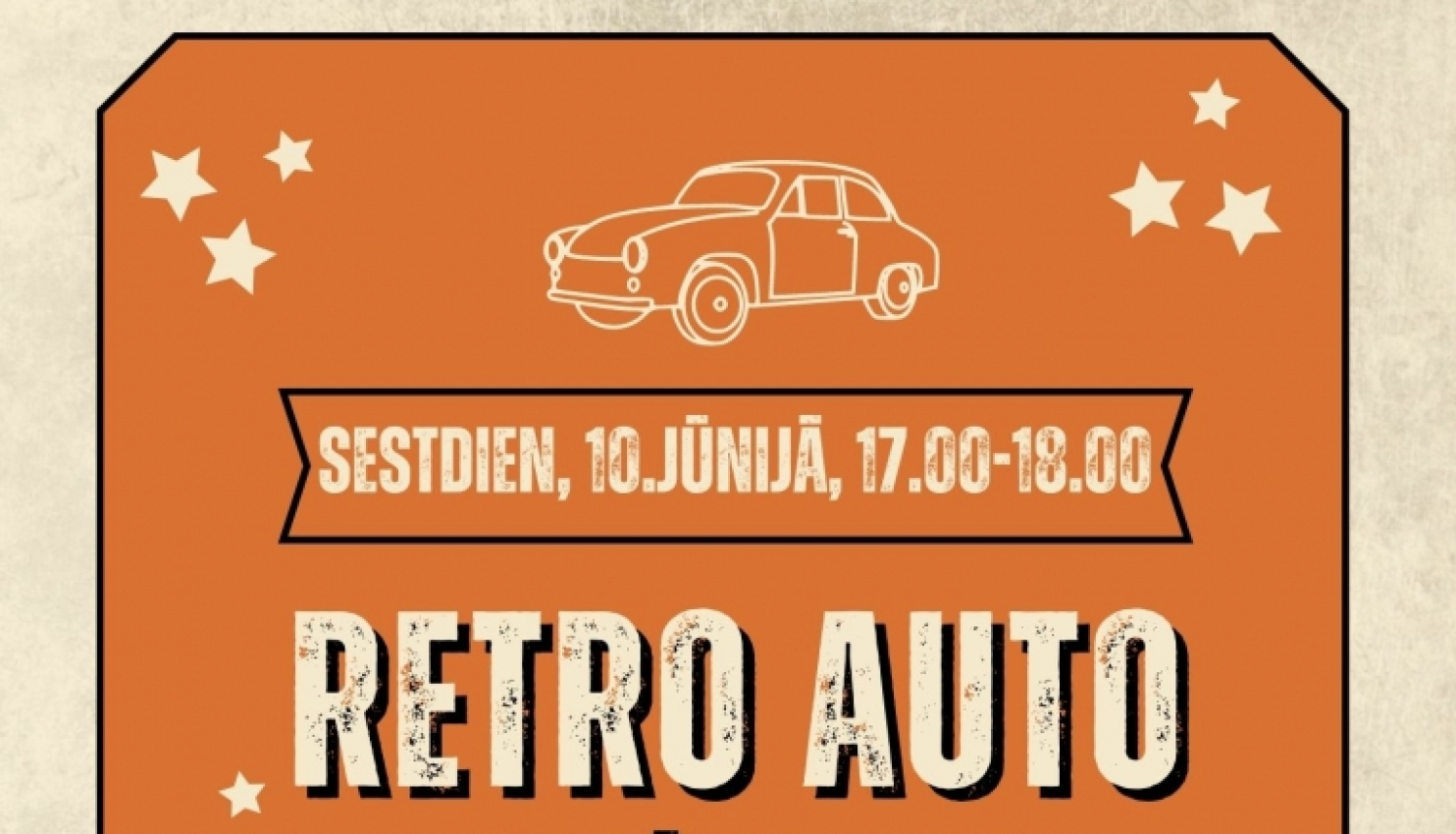 Retro auto izstādes plakāts uz senlaicīga, oranži brūna fona