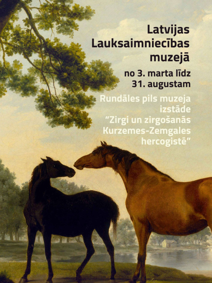 Divi zīmēti zirgi dabiskā ainavā, izstādes plakāts